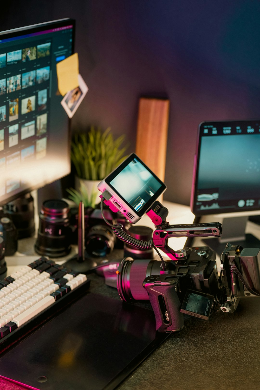 The Art of Drawing Readers In: Your attractive post title goes here Professional video camera editing setup studio workspace with camera gear, computer screens displaying footage thumbnails, and digital production tools. Perfect environment for content creators and filmmakers